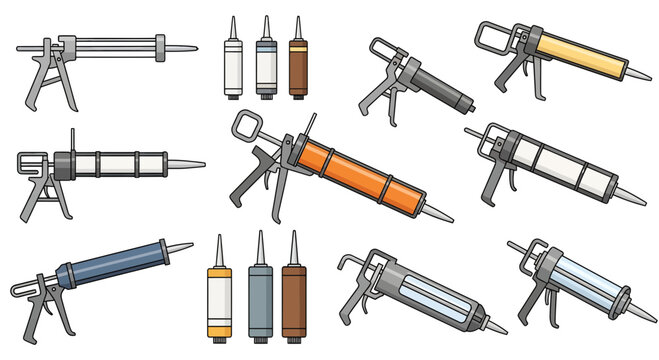 Comprehensive vector icon set showcasing various caulk guns and sealant tubes, essential hand tools for construction, home improvement, and repair projects