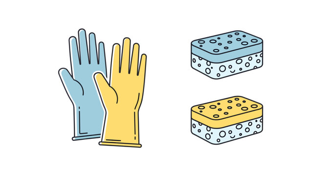 Vibrant vector illustration set of essential household cleaning supplies, showcasing protective rubber gloves and effective scrubbing sponges, perfect for domestic hygiene tasks