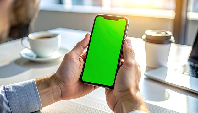 Man Holding Green Screen Smartphone with Coffee and Laptop