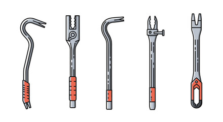 Vector icon set featuring various pry bar tools, essential hand tools for construction, demolition, and renovation projects, isolated on a clean white background