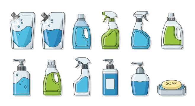 Comprehensive vector icon set depicting various household cleaning product containers, such as detergent refills, spray bottles, pump dispensers, and bar soap, essential for hygiene and sanitation