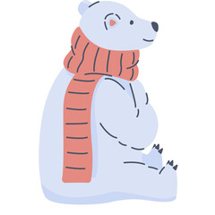 Charming cartoon polar bear wearing a coral scarf sitting on a white background with transparent background ideal for winter designs and children's illustrations