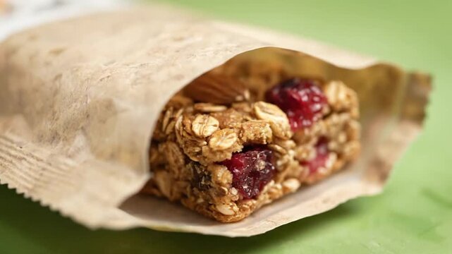 Close-up of biodegradable wrapper with organic snack insid