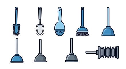 Naklejka premium Vector flat design icon set of essential bathroom cleaning tools. Collection includes various plungers and toilet brushes, vital equipment for household sanitation and hygiene