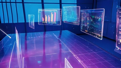 Glowing screens display business analytics in blue room - Powered by Adobe
