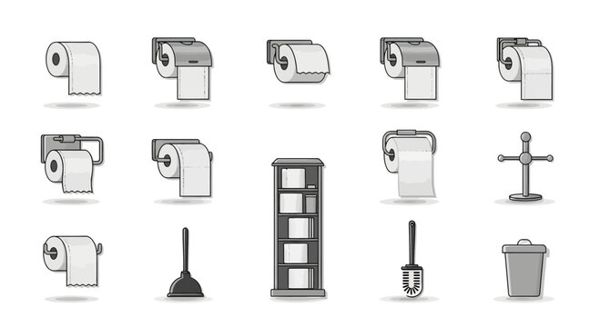 Vector icon set of bathroom essentials. Includes toilet paper, holders, plungers, brushes, and waste bins, ideal for hygiene and sanitation graphic designs