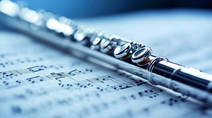 Elegant silver flute musical sheet close up instrument classical music melody shallow depth of field blue tone
