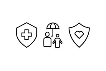 Three outline icons showing protection for health, family, and love Keywords: shield, cross, medical, health, protection, umbrella, family, people