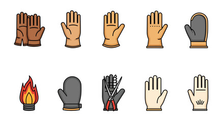 Vector icon set of various protective gloves and essential tools for work safety, construction, and gardening activities, isolated on a clean white background
