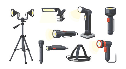 Vector icon set of portable lighting solutions work lights, flashlights, and headlamps. Essential tools for workshops, outdoor adventures, and emergency illumination