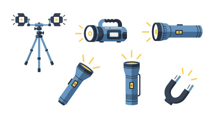 Flat design vector illustration set of essential lighting tools and equipment. Includes various flashlights, a tripod with studio lights, and a horseshoe magnet