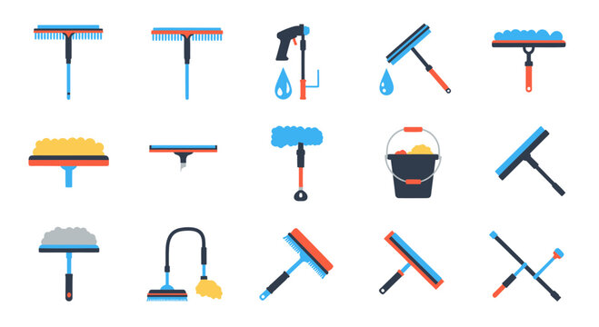 Flat vector icon set featuring a comprehensive collection of window cleaning tools and household equipment for sparkling glass and surfaces, ideal for business branding or home maintenance guides