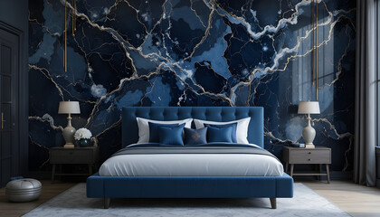 A bedroom with a deep indigo bed set against a wall mural depicting dark onyx and silver