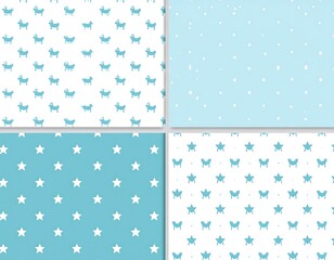 Four seamless patterns; goats, dots, and stars on blue and white