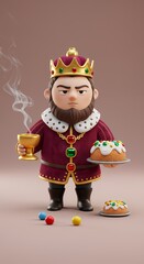 Cartoon King with Crown Holding Smoking Goblet and Cake.