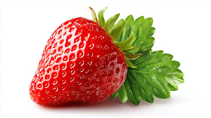 Isolated strawberry image close up with green leaves on white background for food photography stock