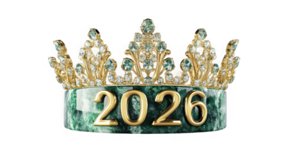 A golden crown with jewels and the year two thousand twenty six on a marble base on black background