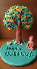 Colorful Bodhi Tree and Buddha Statue Cake Decoration for Happy Bodhi Day Celebration.