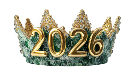 A crown with the year 2026 in gold letters on a green marble base with diamond studded gold peaks