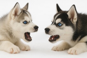 Fototapeta premium Two husky puppies facing each other with open mouths on white background