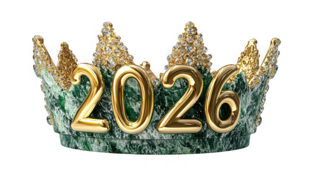 A crown with the year 2026 in gold letters on a green marble base with diamond studded gold peaks