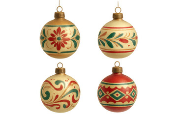 Vintage christmas ornaments displaying folk art style festive decorations and hand-painted patterns on transparent background