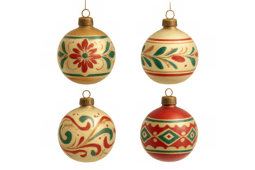 Vintage christmas ornaments displaying folk art style festive decorations and hand-painted patterns on transparent background