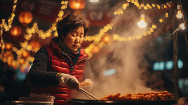 Daegu Illumination, South Korea A Woman Preparing Delicious Street Food at Night Market with Warm Lanterns