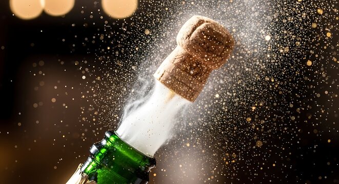 Champagne cork popping with bubbles and spray