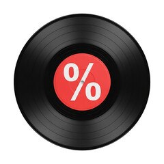 Black vinyl record with a bright red label featuring a white percentage sign (%). Ideal for music sales, Black Friday, Cyber Monday, promotions, and retro entertainment marketing.