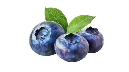 Obraz premium A close up shot of three blueberries with green leaves isolated against a black background image view