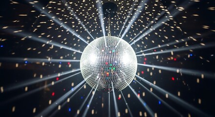 Sparkling disco ball reflecting light beams in a dark room