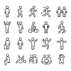 Collection of simple line art icons depicting diverse human poses and activities
