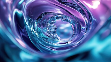 Ultra-realistic 3D rendering vector illustration: close-up of turquoise and purple liquid metal swirl, shot with 85mm lens at f/20 for high detail, combining cinematic and natural light