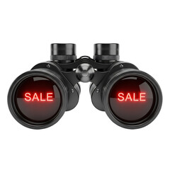 Black classic binoculars with a red 'SALE' sign reflecting in the lenses, aimed for spotting discount deals, promotions, and bargains. Perfect for Black Friday, Cyber Monday, shopping events,