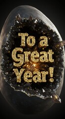 Golden glitter text To a Great Year on a dark geode background, sparkling celebration.