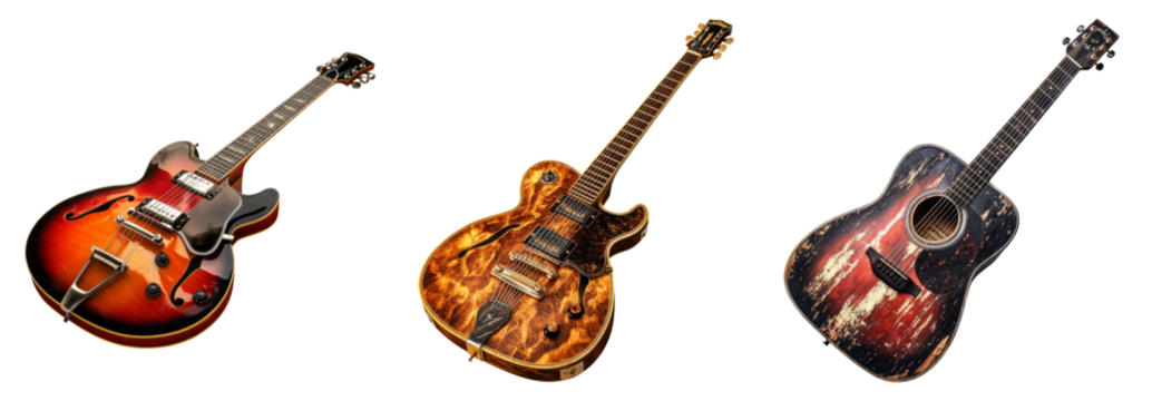 Three Distinct Guitars on Display Showcasing Unique Designs and Styles, PNG bundle collection, Isolated on Transparent Background