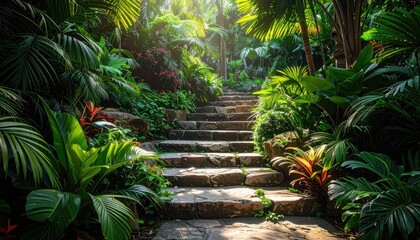 Stone staircase pathway through lush green dense jungle vegetation with bright sunlight filtering through the trees creating dramatic shadows