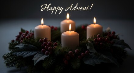 Happy Advent Wreath with Four Lit Candles and Festive Decorations.