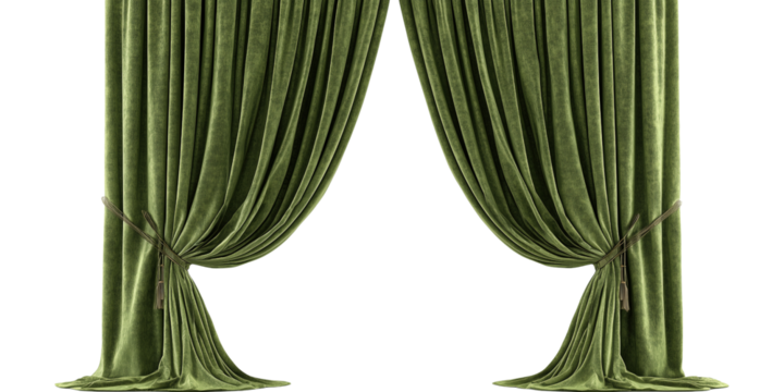 Green Velvet Curtains with Tassels isolated on a transparent background