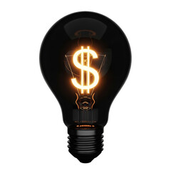 Black lightbulb with a glowing golden dollar sign ($) filament, sharply focused and dramatic. Perfect for financial savings, smart shopping, business innovation, budget planning,
