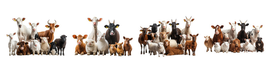 Fototapeta premium Diverse Group of Farm Animals Including Cows, Sheep, and Goats, PNG bundle collection, Isolated on Transparent Background