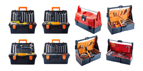 Colorful Toolboxes with Various Hand Tools Displayed