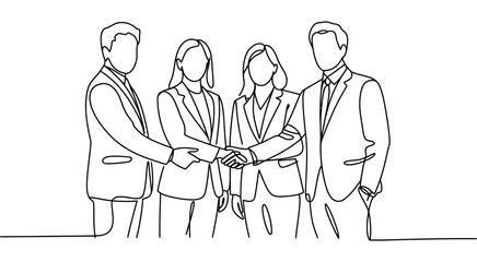 Continuous Line Drawing of Business Team Handshake Celebrating Partnership — Ideal for Corporate Branding, Teamwork Posters, Business Success, Leadership Training, and Collaboration Campaigns