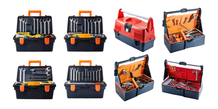 Colorful Toolboxes with Various Hand Tools Displayed
