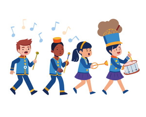 Diverse group of children in marching band uniforms playing instruments and marching

