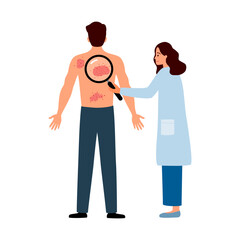 Dermatologist examine patient with skin disease. Doctor checking inflammation on patient's back. Men suffering with psoriasis vector illustration on white background.