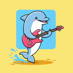 A cute cartoon dolphin stands playing a pink electric guitar, splashing water against a yellow background. © bima