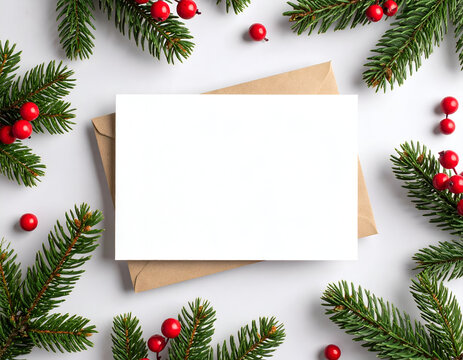 Minimalist Christmas flat lay with blank card, pine branches, and red berries, overhead view with soft light - Powered by Adobe