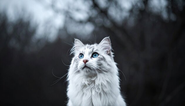 Blue-Eyed White Cat Gazing Upward